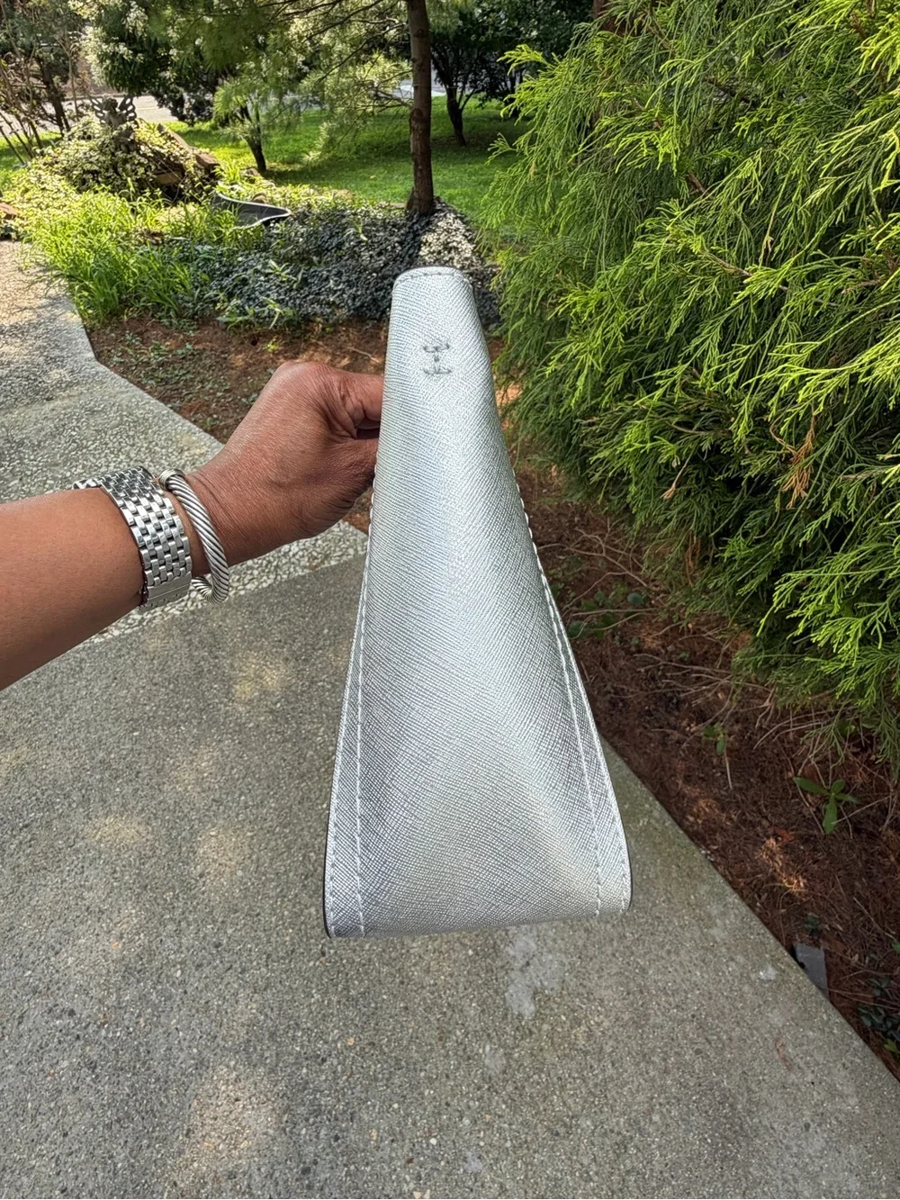 Michael Kors Silver Metallic Leather Cutout-Handle Crossbody Clutch